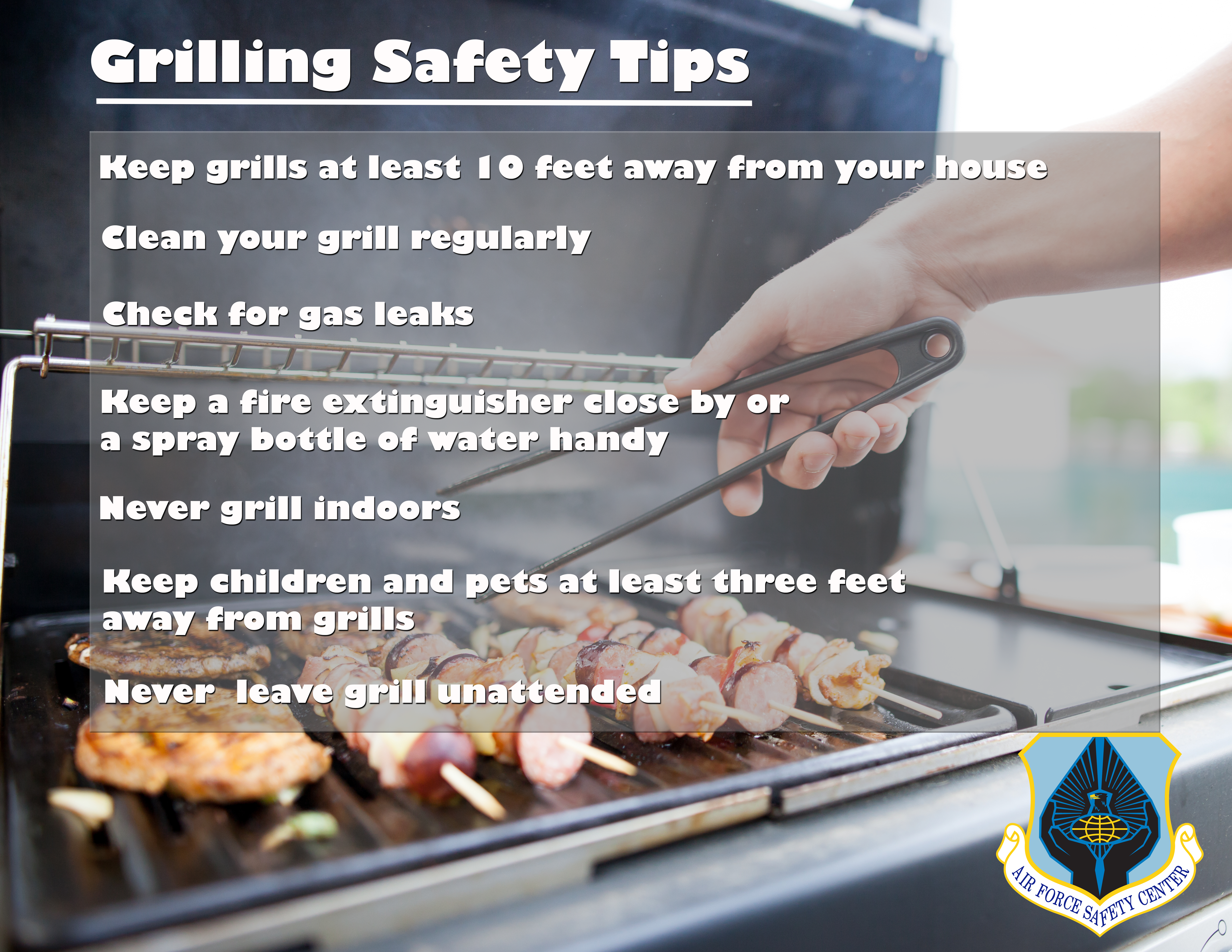 Grilling Safety Tips - food on grill cooking, person holding tongs